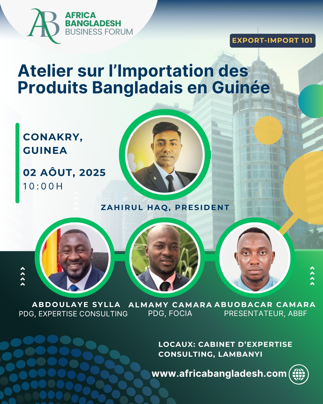 Group photo from the ABBF Workshop in Guinea, August 2025, showing business leaders, youth participants, and organizers gathered to promote Africa-Bangladesh trade collaboration and entrepreneurship.